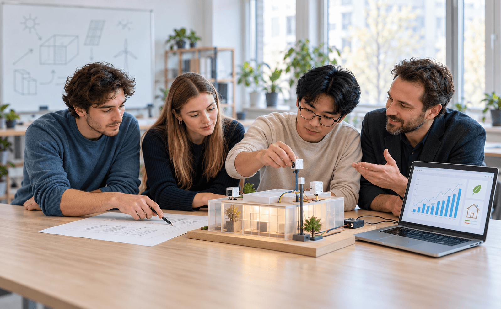 Four students building a model of a smart building together with their mentor